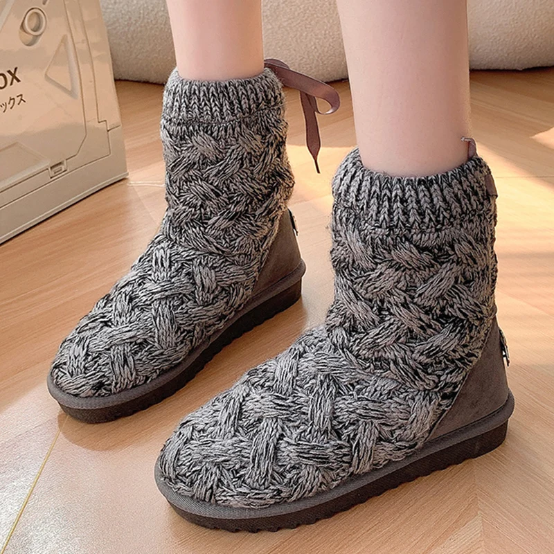 

Knitting Winter New Women Flats Shoes Cross Tied Warm Chelsea Boots 2023 Trend Gladiator Ankle Boots Weave Casual Snow Botas