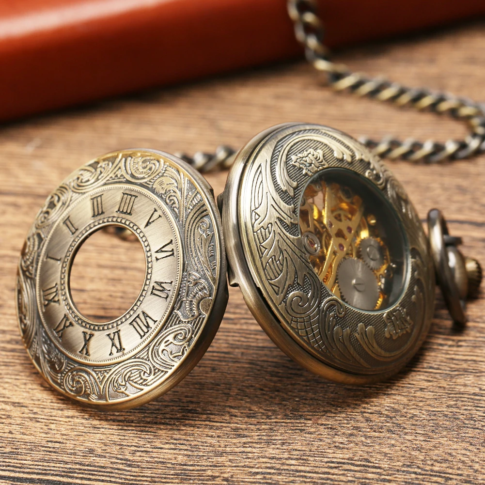 Vintage Flowers Roman Numerals Dial Bronze Mechanical Pocket Watch Punk Retro Hand Winding Pocket Timepiece with Fob Chain