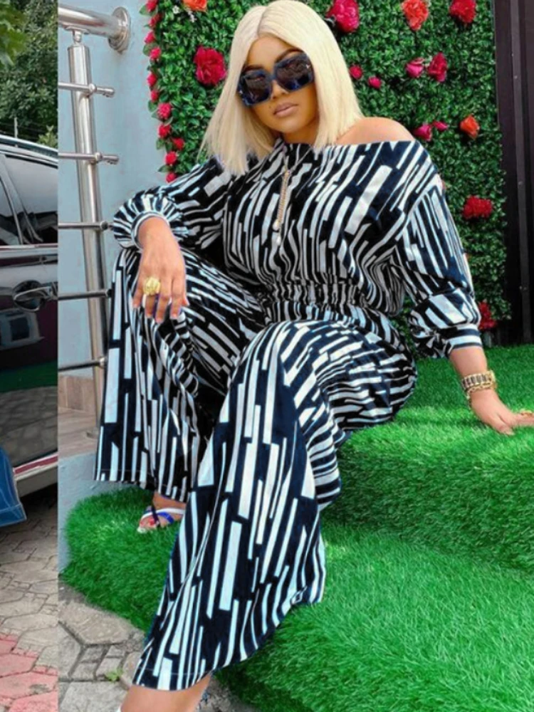 4XL Plus Size Matching Sets Women Stripe Long Sleeve T Shirts + Wide Leg Pant Suits 2 Piece Female Casual Loose Outfits 2023