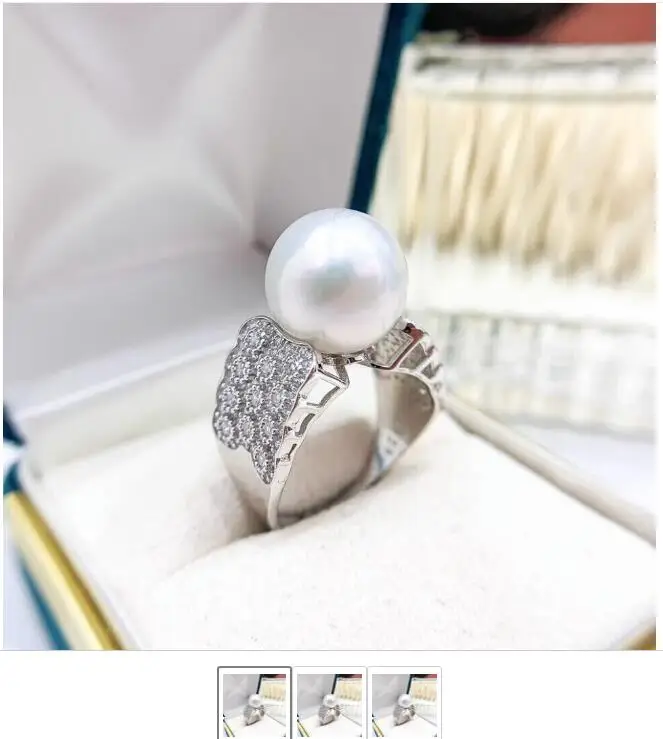 

Huge AAAAA 11-10mm Genuine Natural South Sea WHITE Round Pearl Ring 925S