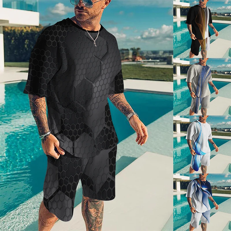 

Men's Summer T Shirt Set Lightweight Quick Dry Short Sleeve Top Fashion Street 3D Print Beach Shorts Fitness Wear