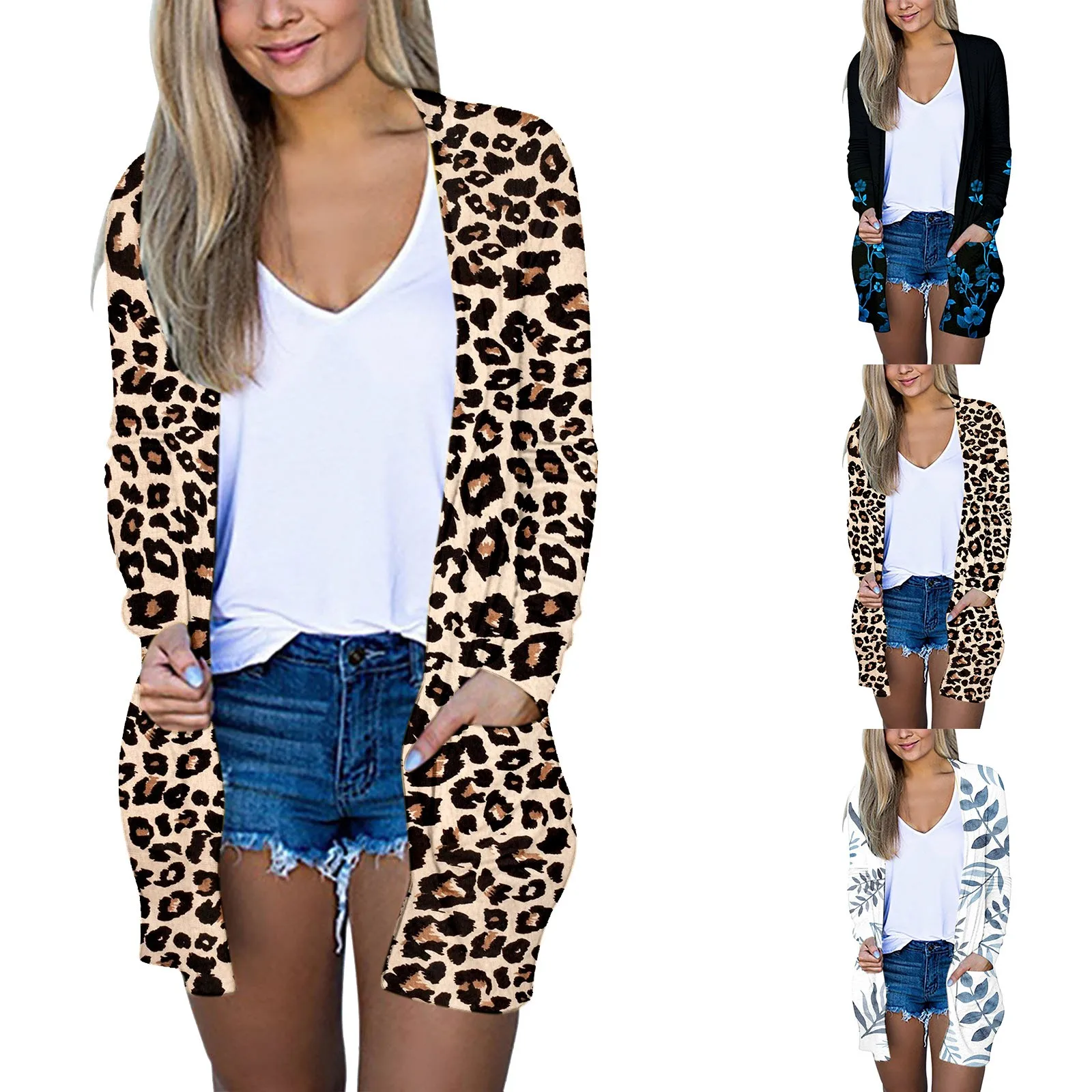 

Women's Long Sleeved Buttonless Floral Print Medium Length Thin Cardigan