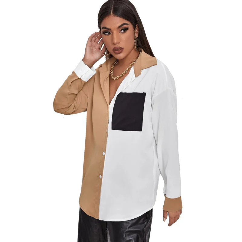 

2021 Spring and Autumn Newest Contrast Color Stitching Woman Tops with Pocket Long-sleeved Chiffon Shirt Women Blouse Shirts