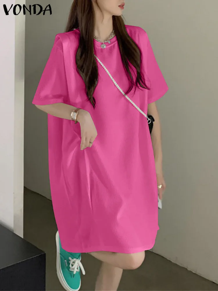 

VONDA 2022 Y2K Women Casual Knee-Length Robe Short Puff Sleeve Button Dress Stylish O-Neck Street Vestido Mini Sundress Oversize