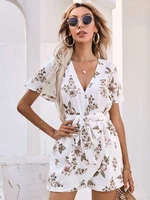 woman jumpsuit elegant boho style white v neck flower print playsuits summer casual lace up rompers female jumpsuits