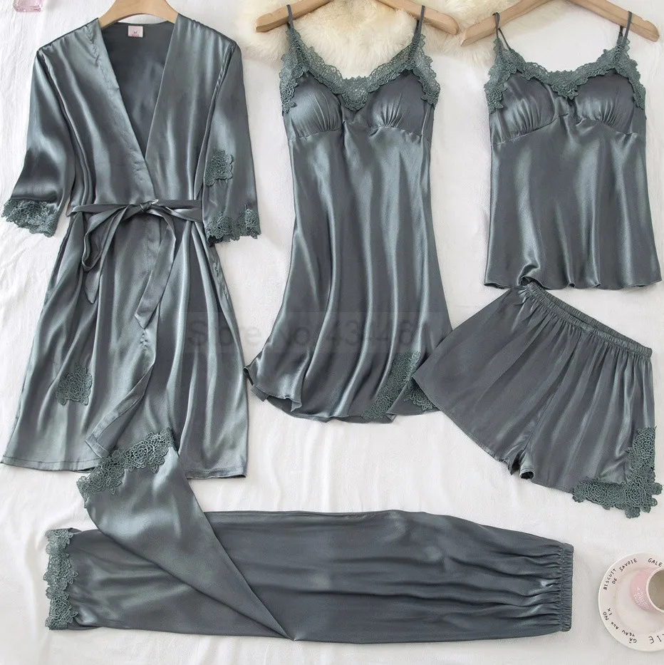 

5PCS Sleep Sets For Women Satin Pajamas Suit With Trousers Summer Nightwear Lingerie Lace Trim Sleepwear V-Neck Home Clothes