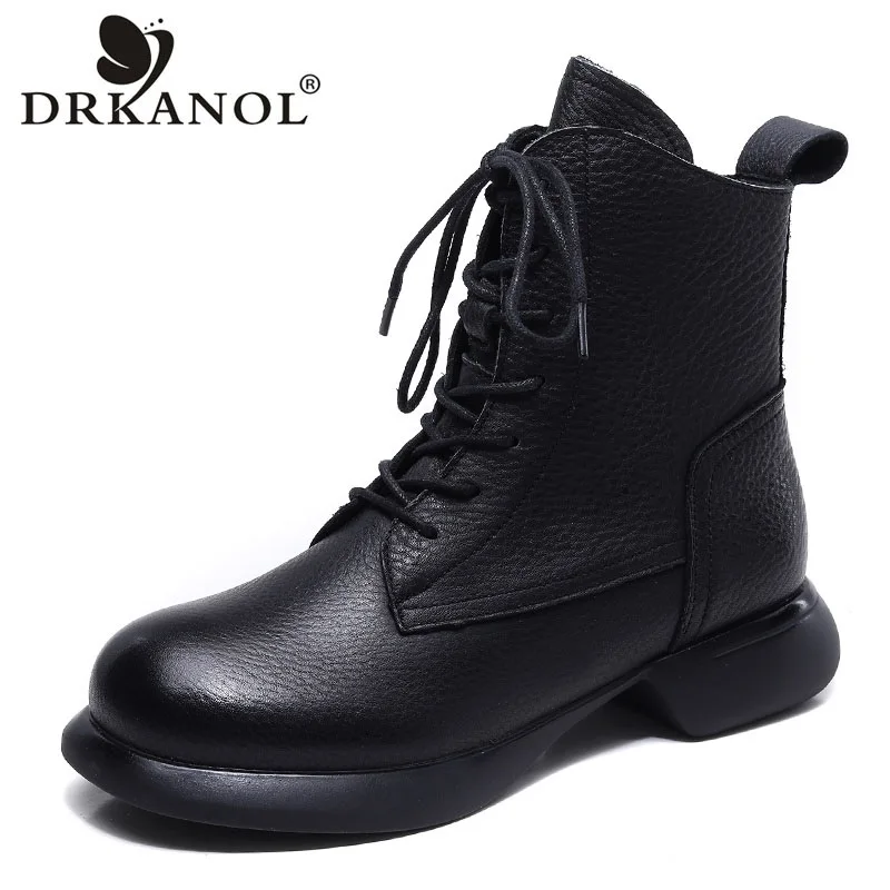 

DRKANOL Fashion Women Boots 2023 Winter Warm Short Plush Ankle Boots Ladies Genuine Leather Round Toe Soft Soled Casual Boots