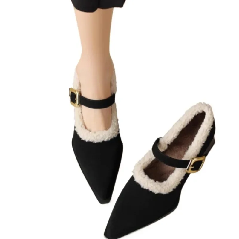 2024 Hot Sale Ladies Shoes Mary Janes Women's High Heels Warm Dress Pumps Women Pointed Toe Med Heel Buckle Strap