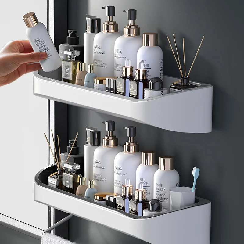 

Without Drilling Bathroom Shelves with Towel Holder Wall Mounted Storage Organizer Rack Bathroom Accessories Wall Shelves