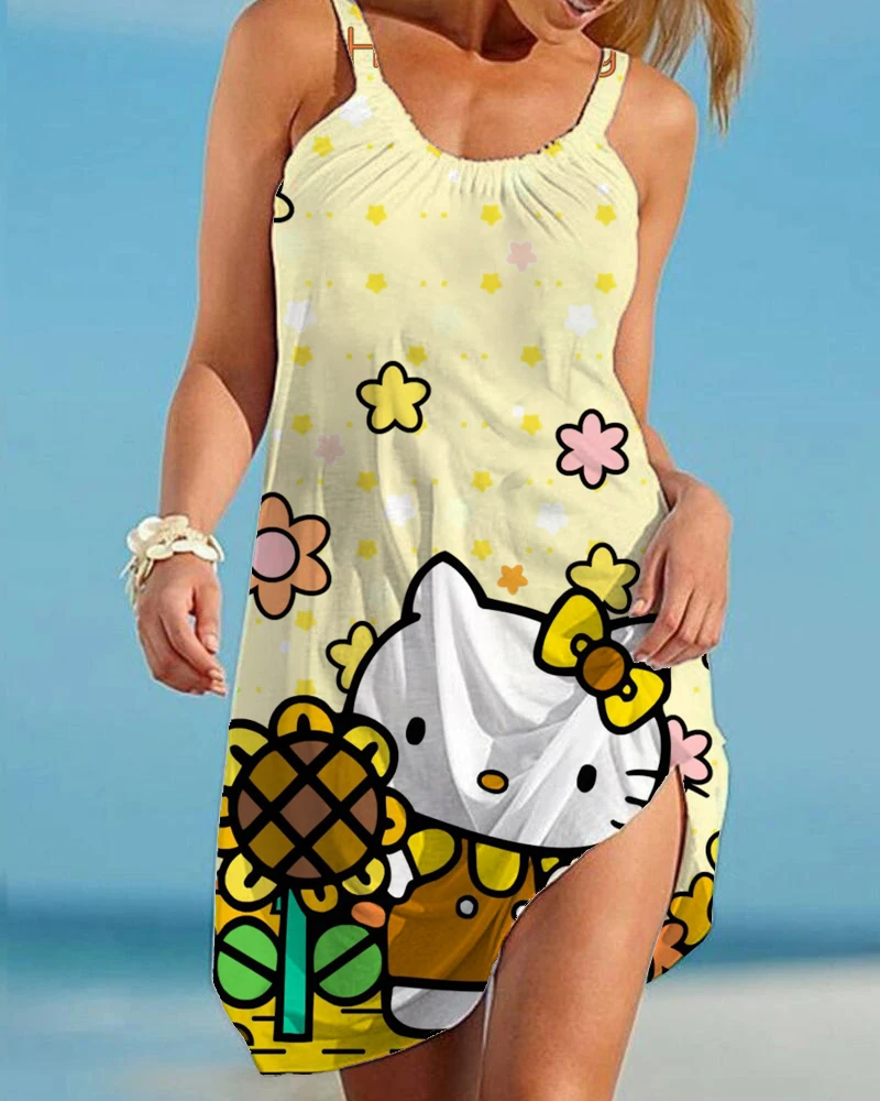 

Летнее модное пляжное платье с рисунком Hello Kitty, милое свободное сексуальное платье без рукавов с мультяшным принтом для ночного клуба