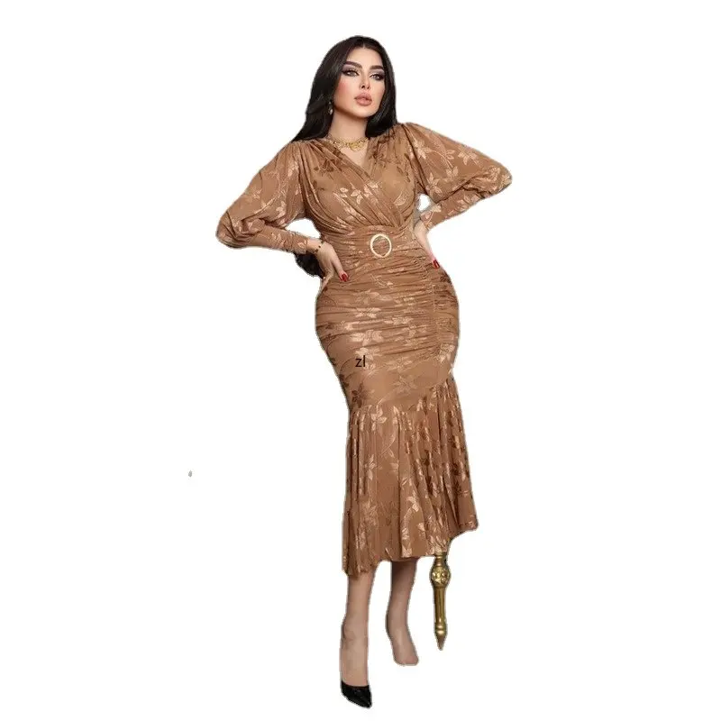 

2022 New Women's Long Sleeve Red Dress Sexy Wrap Bandage V Neck Draped Party Celebrity Evening Split Club Maxi Mermaid Dress