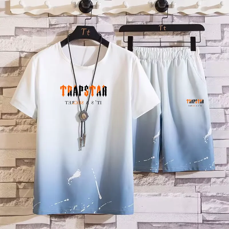 

2023 Men's Summer TRAPSTAR Set Men's Clothing Sportswear Short Sleeve Street Shirt Set Sportswear New Gradient 3D Print 2PK