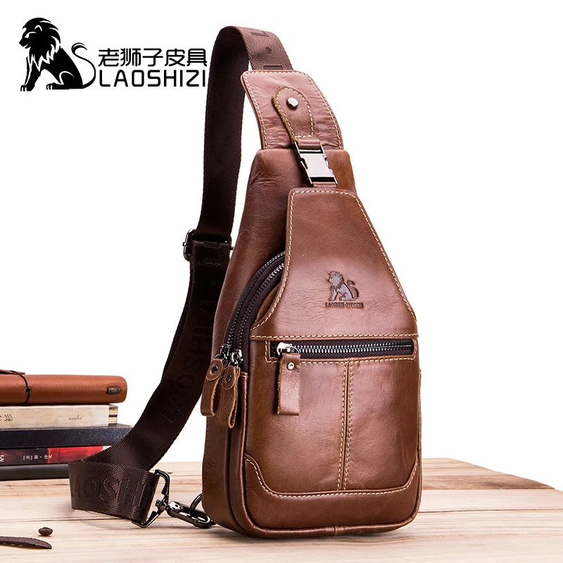 

LAOSHIZI New High-end Men's Leather Chest Bag Retro Casual Men's Authentic Messenger Bag Large-capacity Shoulder Bag Storage Bag