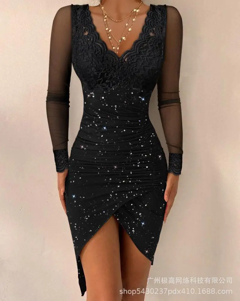 

2023 Autumn and Winter Women's New Lace Mesh Splicing Split Sequins Tight Dress Long Sleeve V-Neck Women's Sexy Tight Dresses