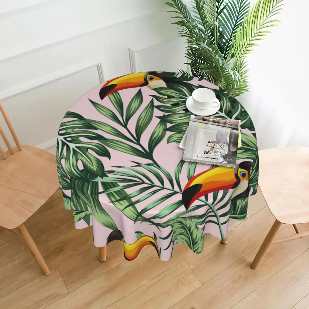 

Round Tablecloth Exotic Tropical Green Jungle Palm Monstera Leaves With Bird Toucan Cover Washable Table Cloth for Tea Table