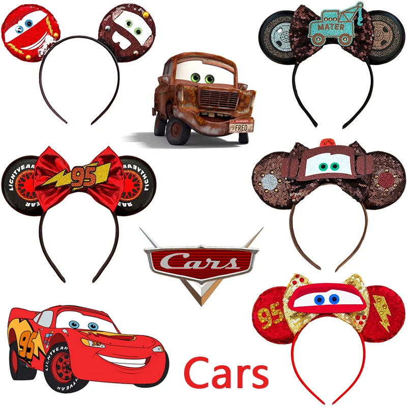 

Pixar Cars Hair Accessories Women Disney 95 Lightning McQueen Hair Bands For Girls Sequins Bow Sheriff Mater Headbands Kids Gift