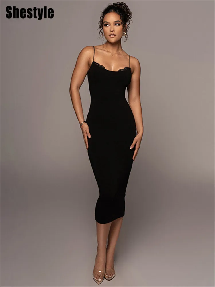

Shestyle Summer Women Dress Pencil Bodycon Spaghetti Strap Elegant Wave Cut Office Lady Commute Outfit Charming Lace Party 2022