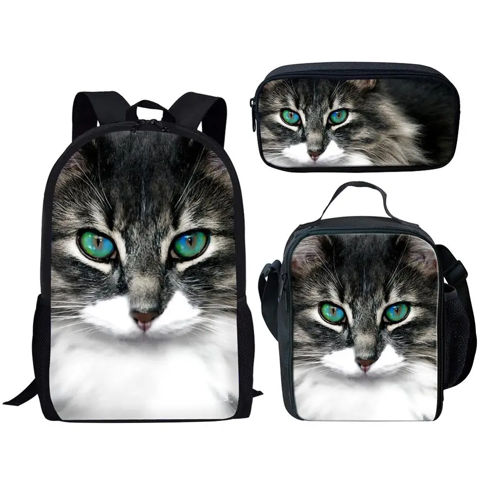 Школьные ранцы для девочек и мальчиков, комплект из 3 предметов с милым котом и 3D принтом, рюкзаки для книг, сумки для учеников