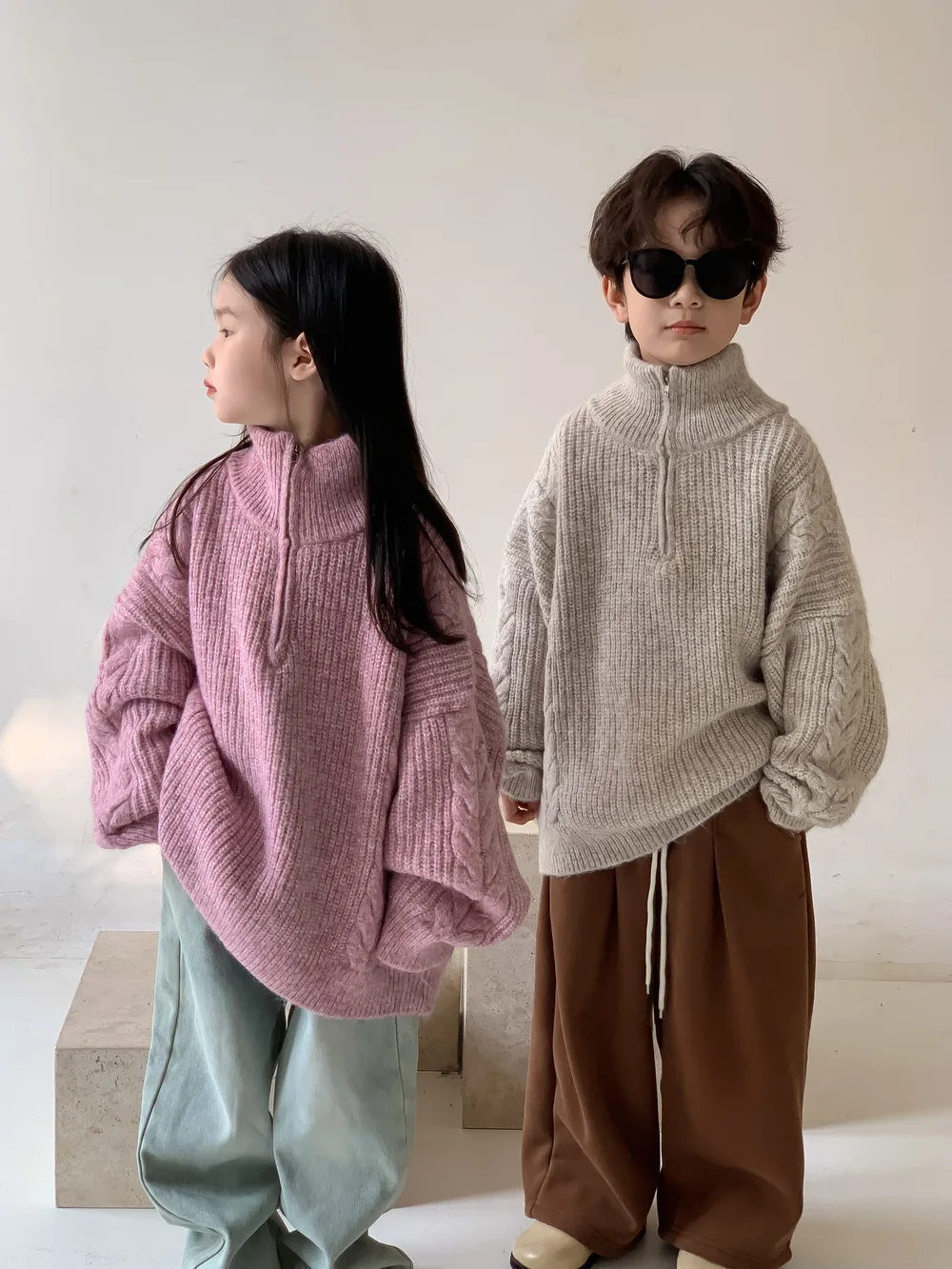 

Детский свитер, Осень-зима 2023, Однотонный свитер на молнии для мальчиков и девочек, детский плотный вязаный пуловер, свободный свитер