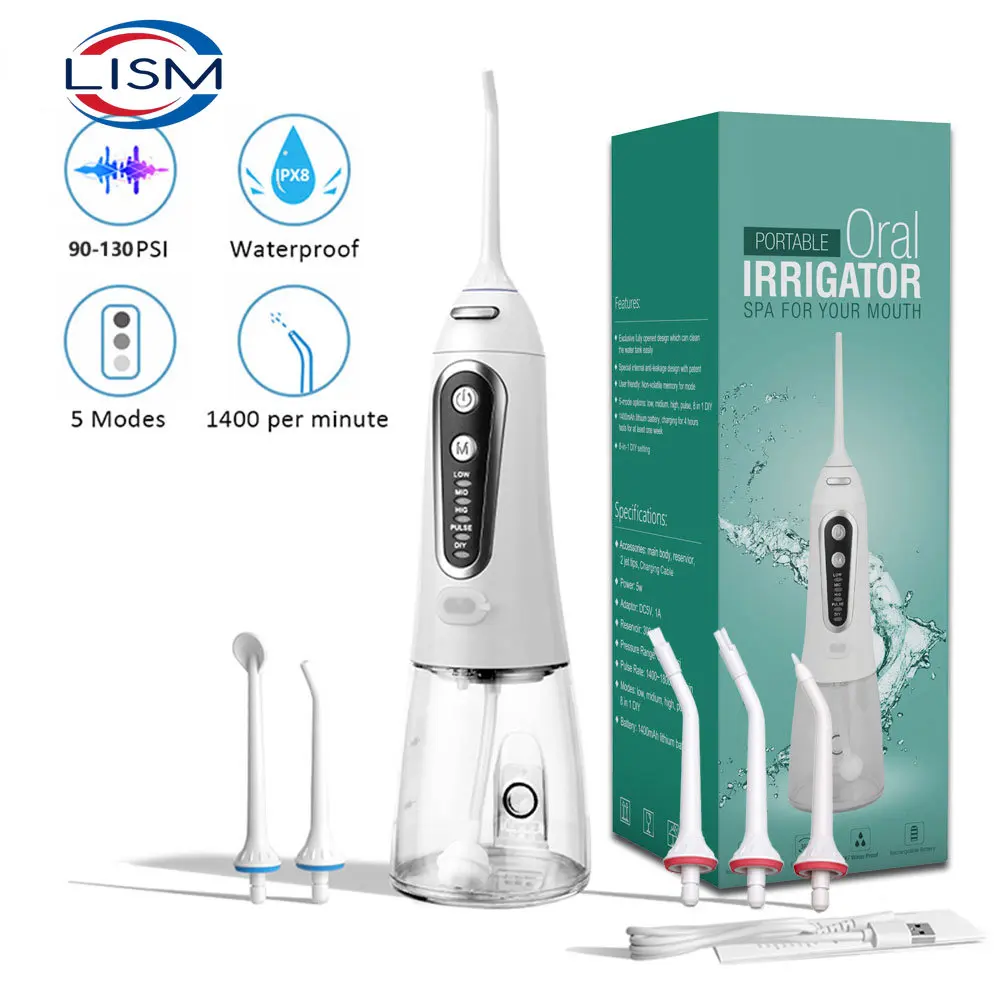 

LISM Oral Irrigator 5 Modes USB Rechargeable Portable Dental Water Jet Water Flosser 300ml Water Tank Teeth Cleaner 6 Jet Nozzle