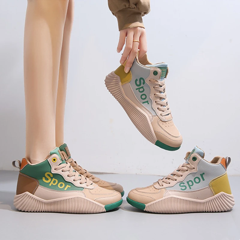 Women Sport Shoes Woman Fashion Sneakers High-top Matching Lace-up Flat Shoes Casual Loafers Vulcanized Shoes Spring Autumn New