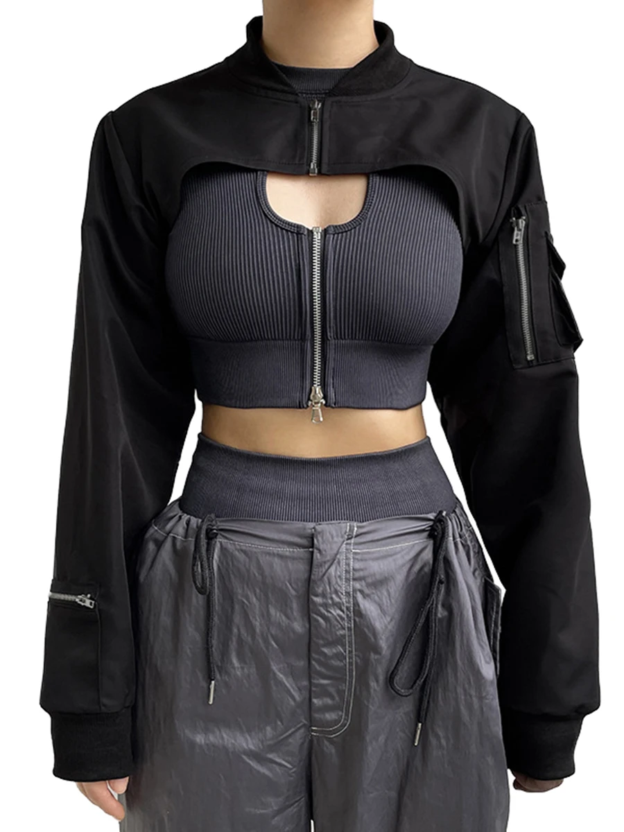 

Women Crop Zipper Tops Fashion Solid Color Stand Collar Crop Jacket Y2k Personality Short Cargo Tops Streetwear