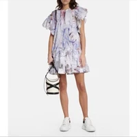 american fashion temperament round neck ruffled flying sleeve ink printing loose dress short skirt in summer of 2022