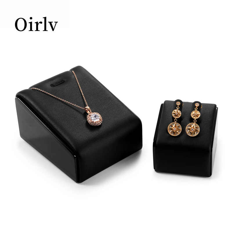 Oirlv Wooden Jewelry Rack Wooden Black PU Leather Jewelry Display Stand For Ring Stud Earring Holder Black Jewelry Display Rack