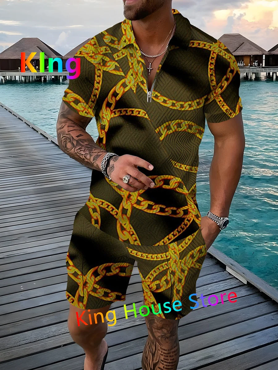 Men's Polo Shirt Clothing 2 Set Tracksuit Zipper Polo Shirt Oversized Trend Business Casual 3D Luxury Chain 2 Piece Outfit Set