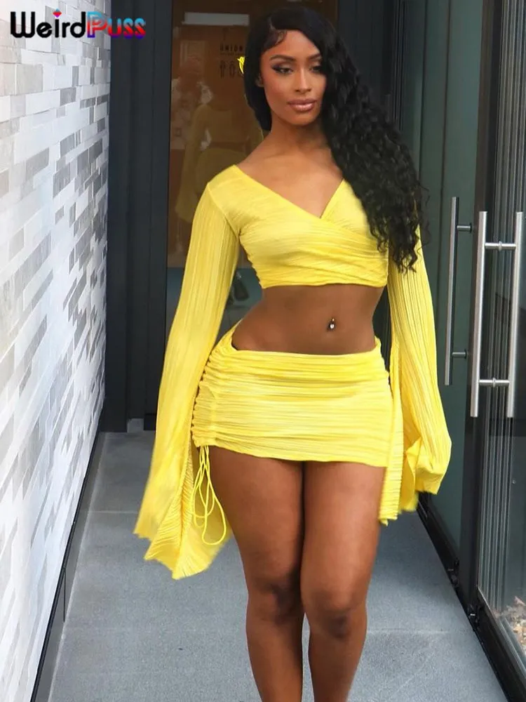 

Weird Puss Sexy Summer Women 2 Piece Set Thin Flare Sleeve Crop Top+Shirring Peach Hip Skirts Matching Street Vacation Outfits