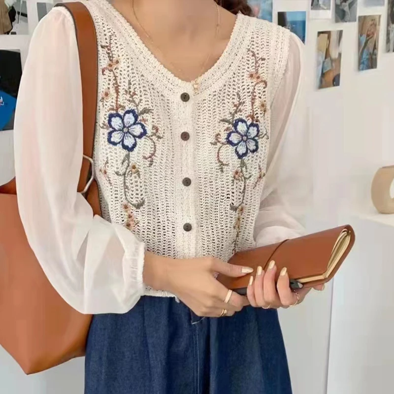 

Women Vintage Hollow Crochet Stitching Crop Top Cardigan Chiffon Puff Long Sleeve V-Neck Button Floral Embroidery Sweater Shirts