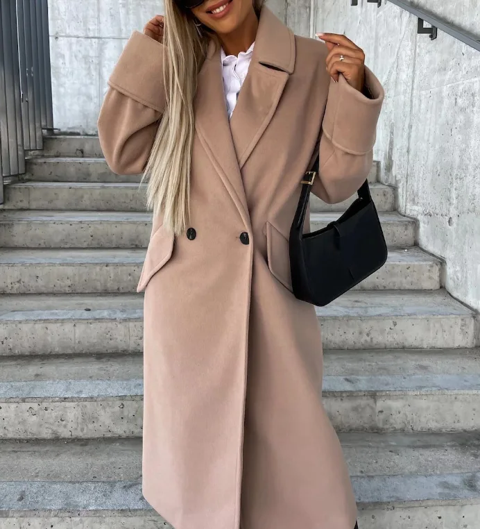 Женское модное двубортное пальто с длинным рукавом