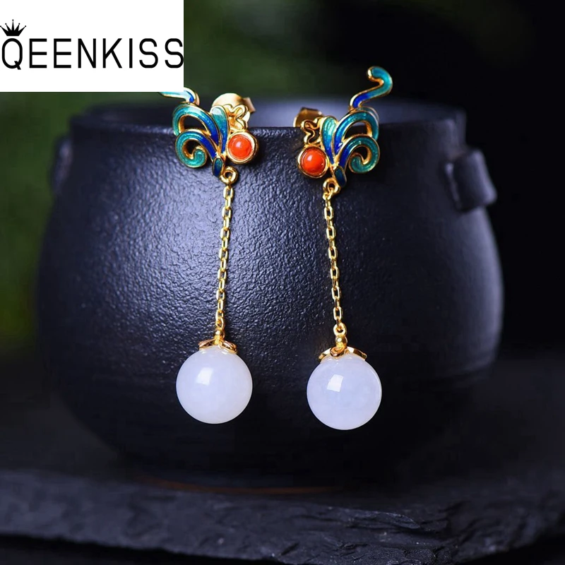 

QEENKISS EG5255 Fine Jewelry Wholesale Fashion Woman Bride Mother Birthday Wedding Gift Vintage Ball Jade 24KT Gold Stud Earring