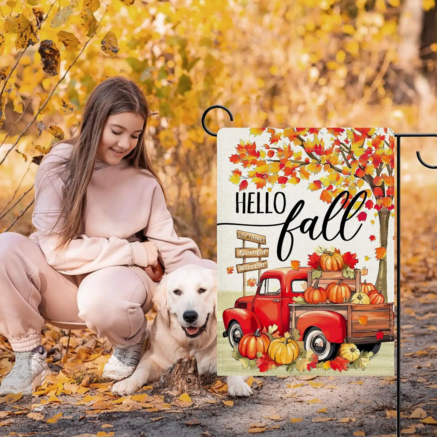 Фото Декоративный садовый флаг Dyrenson Hello Fall с красным грузовиком, осенний, к Дню благодарения, для сезона урожая, с тыквой и кленовым деревом, для двора и улицы №2