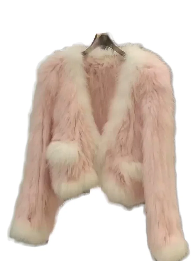 2022 Autumn Winter Faux Fox Coat Women Short Design V Neck Pink Furry Fur Jacket Contrast Color Streetwear Lady Chic Coats
