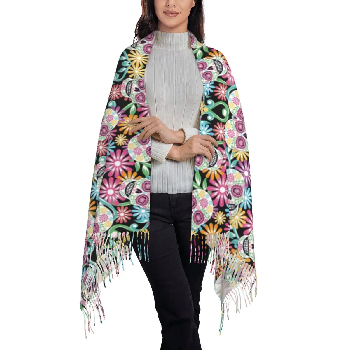 Шарф с цветами и черепом из пашмины для женщин