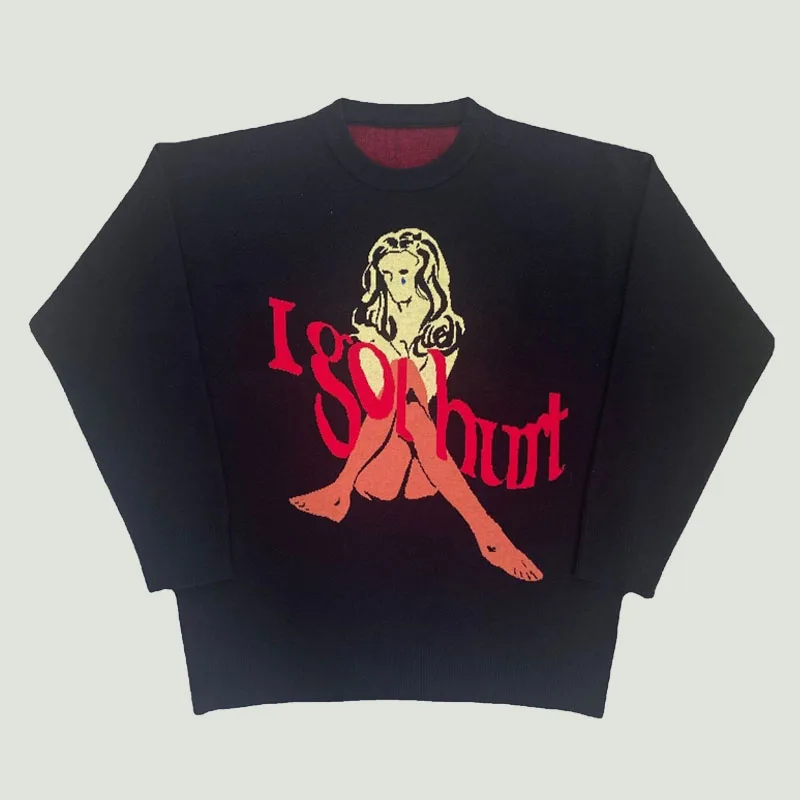 

Black Fashion Cartoon Woman Letter Printed Sweaters O-Neck Mens Streetwear Vintage Harajuku Oversized Knitted Pullovers Unisex