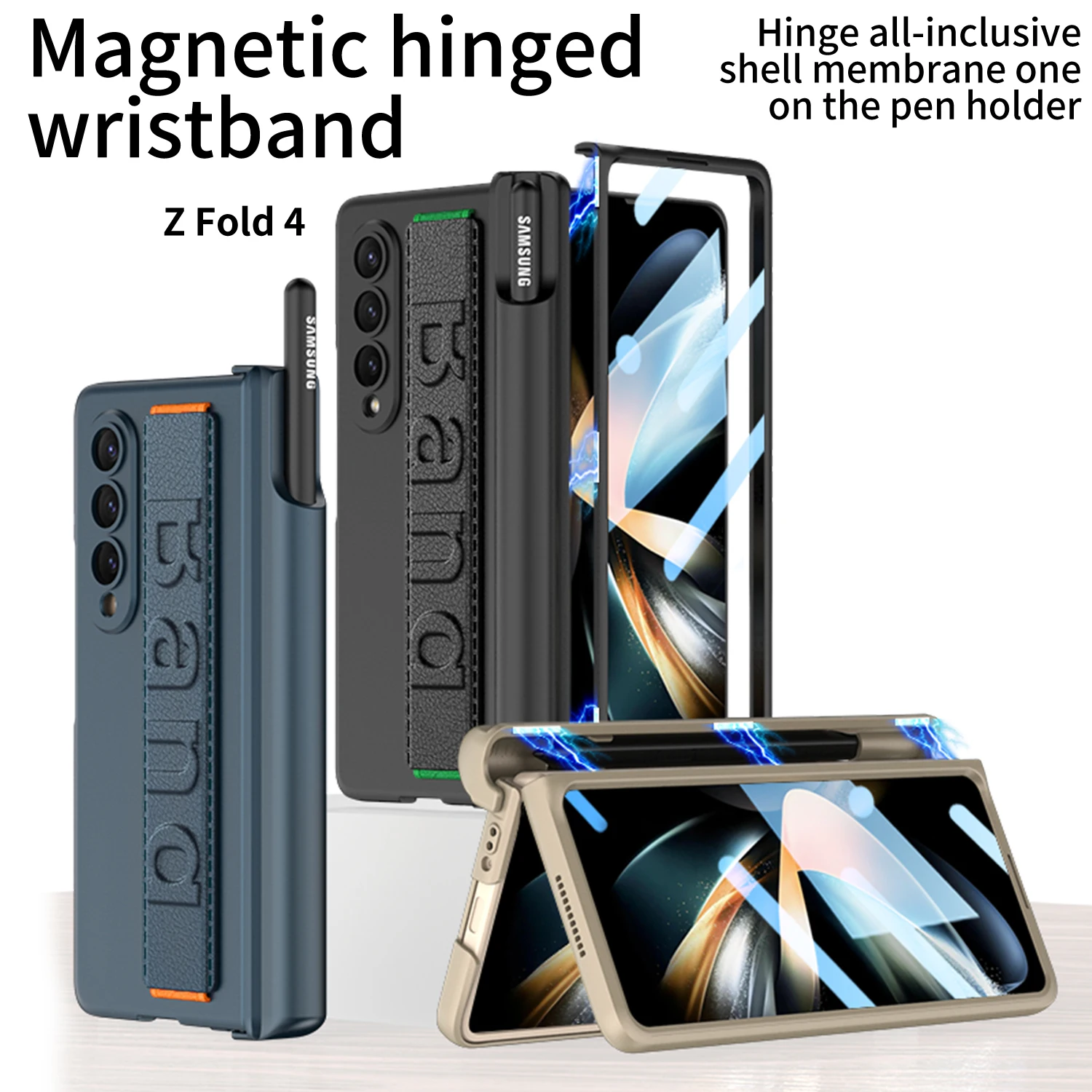 

Magnetic Hinge Wrist Strap Case For Samsung Galaxy Z Fold 4 3 5 360 Full Screen Protection Matte PC Shockproof Cover Pen Holder