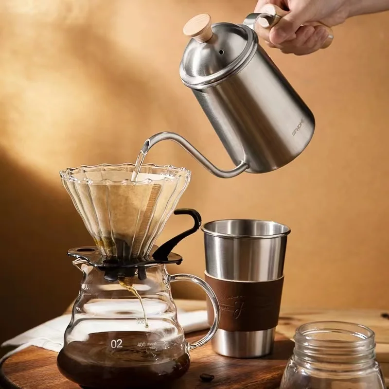 

650ML Coffee Pot Wooden Handle 304 stainless steel Thin Mouth Tea Pot Coffee Maker Cup Non-stick With cover For Milk Coffee