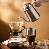 650ml coffee pot wooden handle 304 stainless steel thin mouth tea pot coffee maker cup non stick with cover for milk coffee