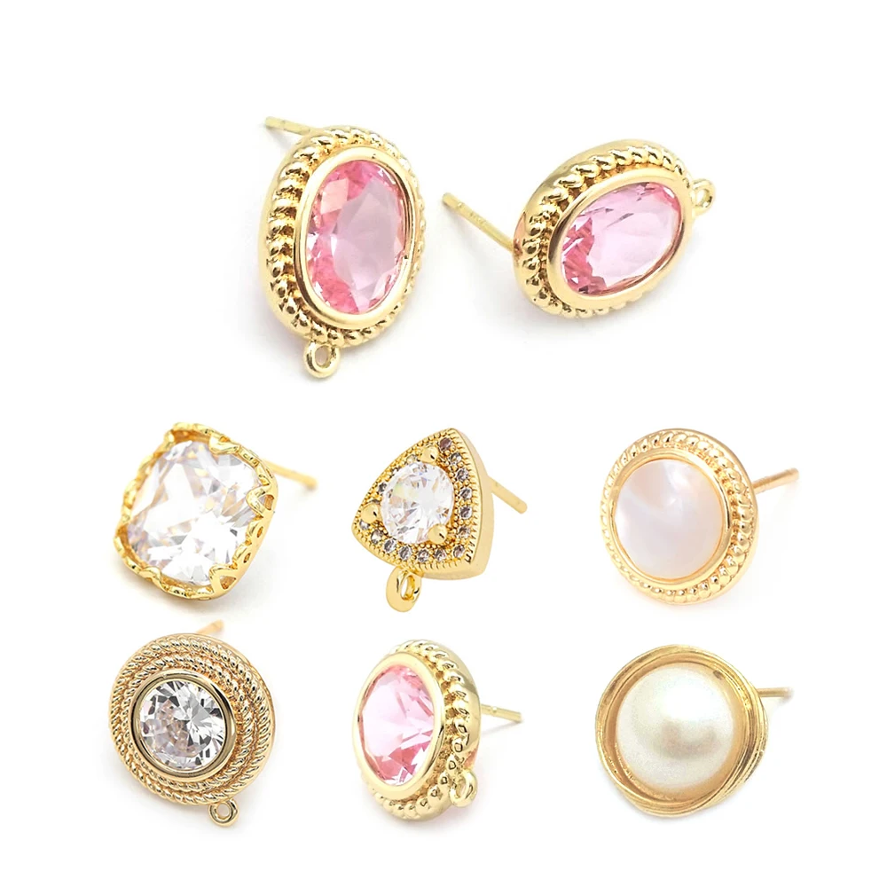 

4PCS 24K Gold Color Brass Round Oval Square Shape Stud Earrings Pins Earrings Jewelry Making Supplies Diy Findings Accessories