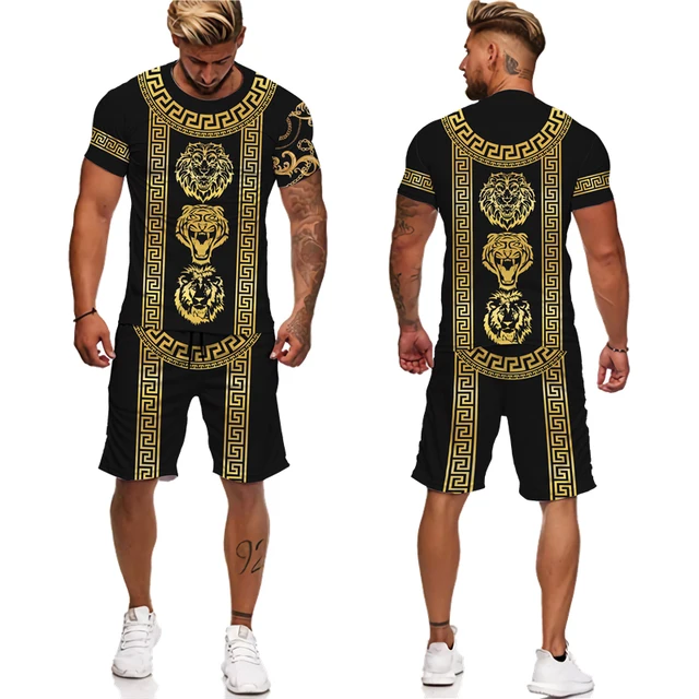 Summer Golden Lion 3D Printed Tees/Shorts/Suit Men's Casual Graphic T-Shirt Two Piece Set Hip Hop Fashion Short Sleeve Tracksuit 2