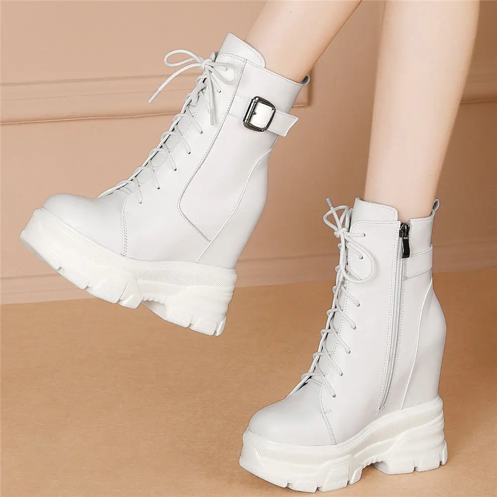 Platform Pumps Women Lace Up Genuine Leather Height Increasing Ankle Boots Female Winter High Top Fashion Sneakers Casual Shoes