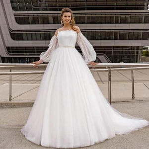 Graceful Boho White Wedding Dresses with Detachable Sleeve A Line Appliques Court Train Dubai African Bridal Gowns