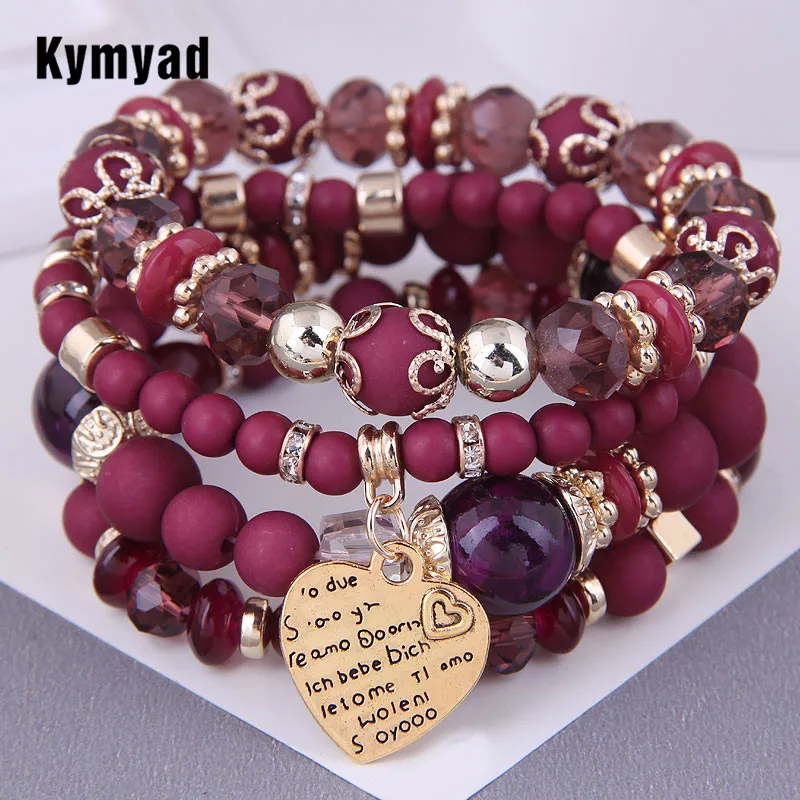 

Kymyad Multicolor Resin Stone Bracelet Femme Vintage Heart Charm Bracelets Jewelry For Women Multilayer Bracelets Sets