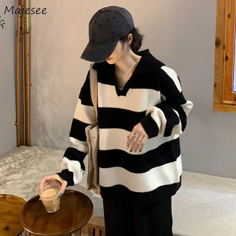 

Korean Preppy Style Pullovers Women Panelled Striped Sweaters Autumn New Knitwear Simple Ins Sweet Girls Baggy All-match Fashion