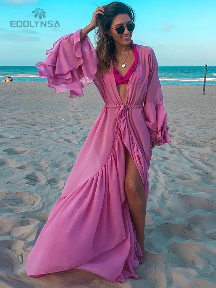 Женское шифоновое платье с юбкой годе белое пляжное расклешенными рукавами