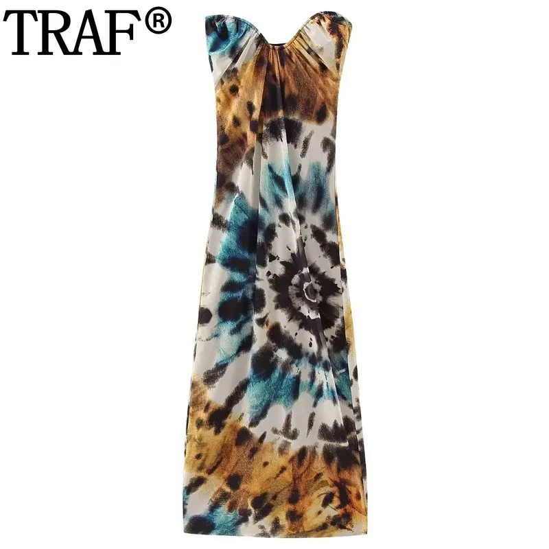 

TRAF Off Shoulder Tulle Long Dresses Women Summer Print Corset Midi Dress Woman Strapless Backless Party Dress For Wedding