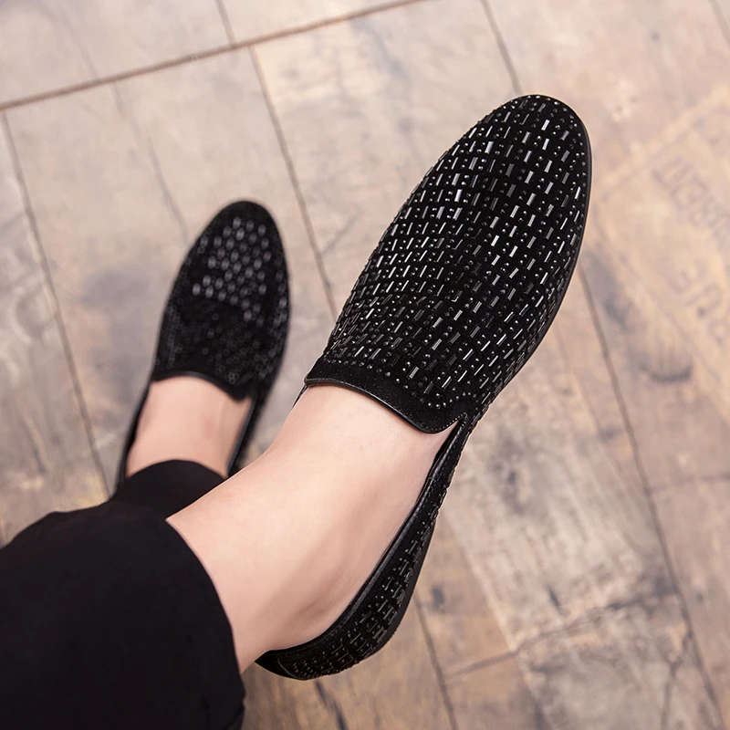 Brand Black Rhinestone Men Dress Shoes Velvet Crystal Luxury Moccasins Men's Loafers Office Business Party Flats Zapatos Hombre | Обувь