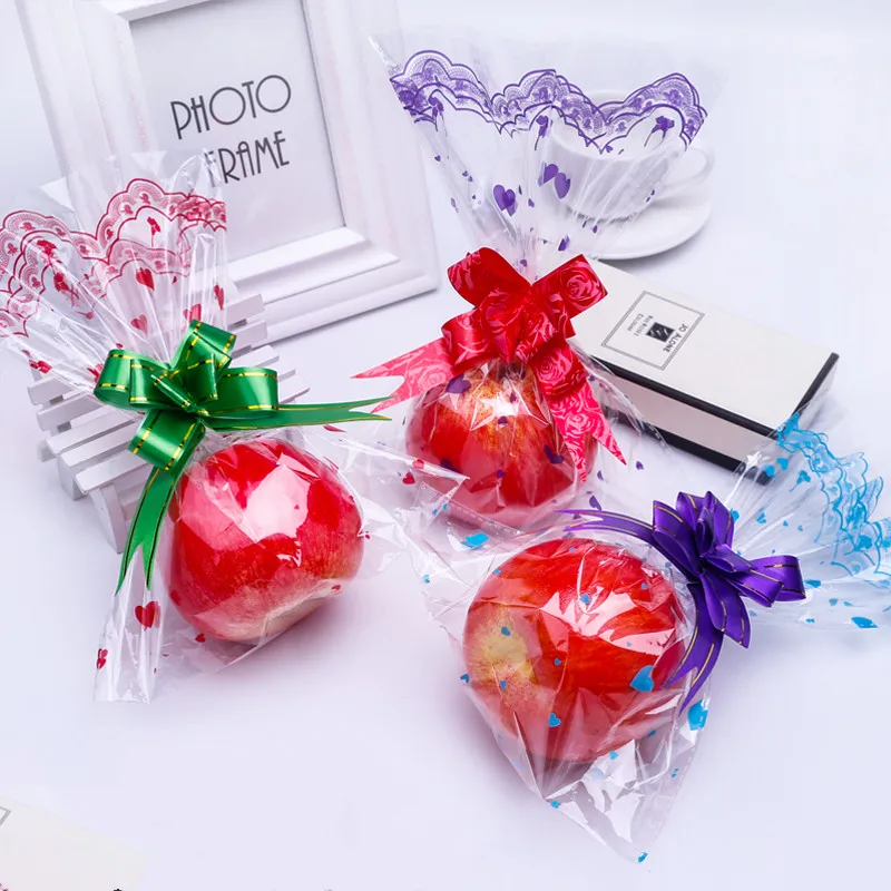 

100pcs Clear OPP Small Hearts Plastic Bag Ribbons Free Bouquet Waterproof Color Glass Pouch Transparent Gifts Wrapping Package